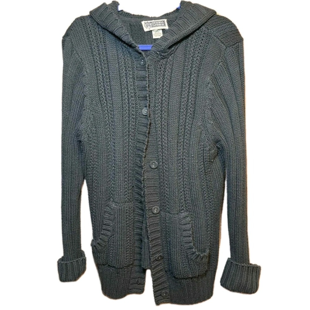 ROUTE 66 Cardigan Sweater Womens‎ XL Black Crochet Button Up Boho Duster Granny